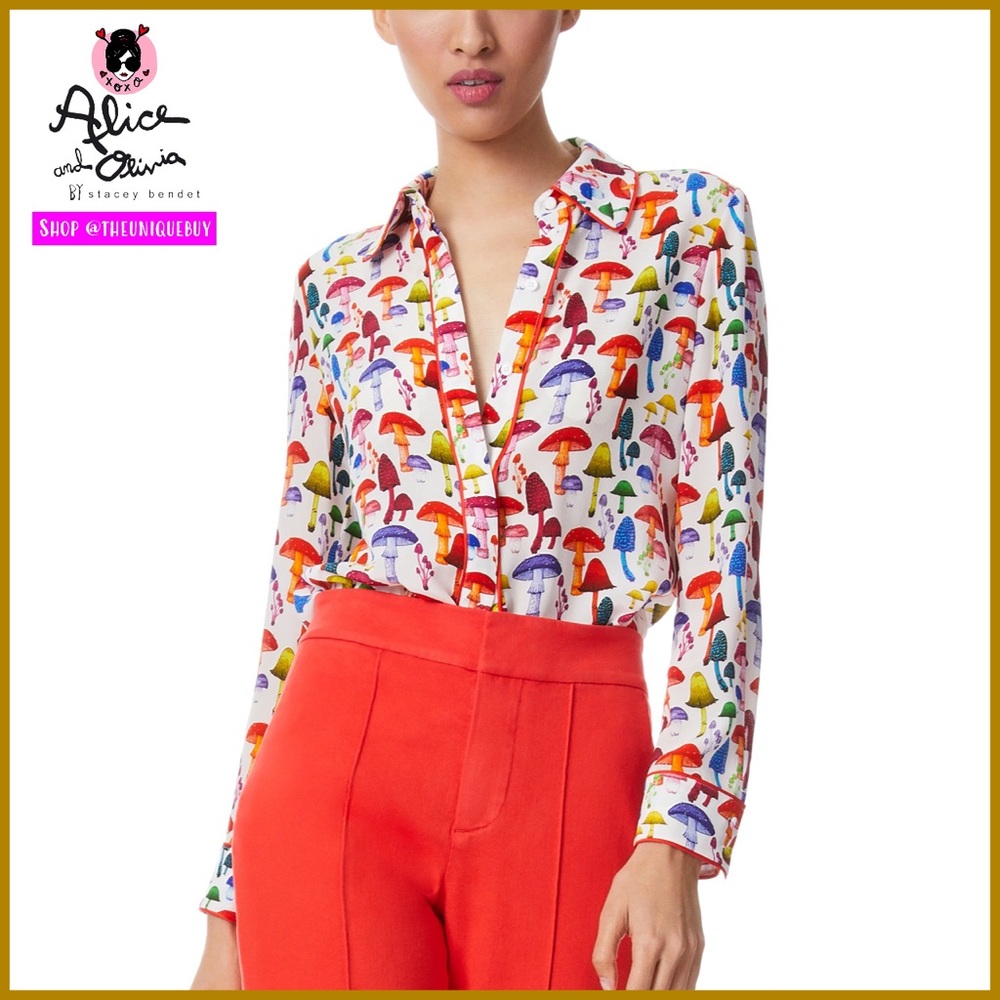 Alice + Olivia Willa Multicolored Mushroom Print Piped Placket Top - Picture 4 of 13